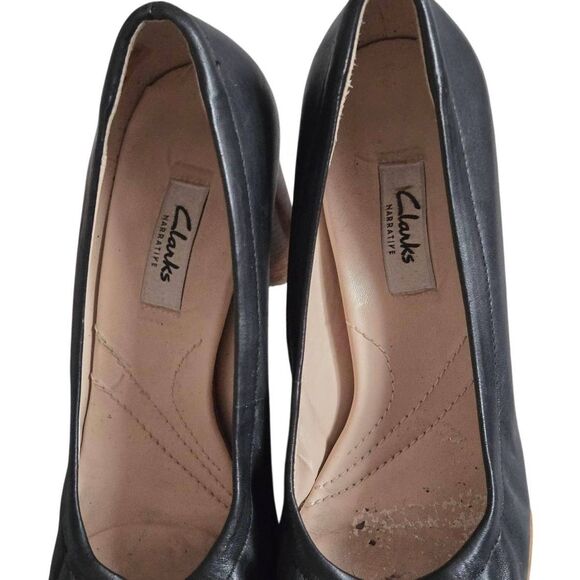 Clarks Narrative Black Round Toe Pumps Women's Size 9.5M Stacked Heel Leather - Picture 5 of 7